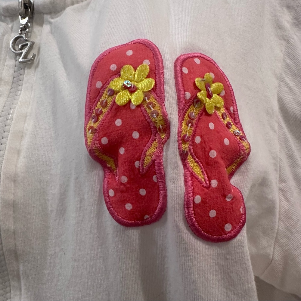 CZ Vintage White Zip-Up Coverup with Colorful Flip-Flop Patches Large - Picture 3 of 9